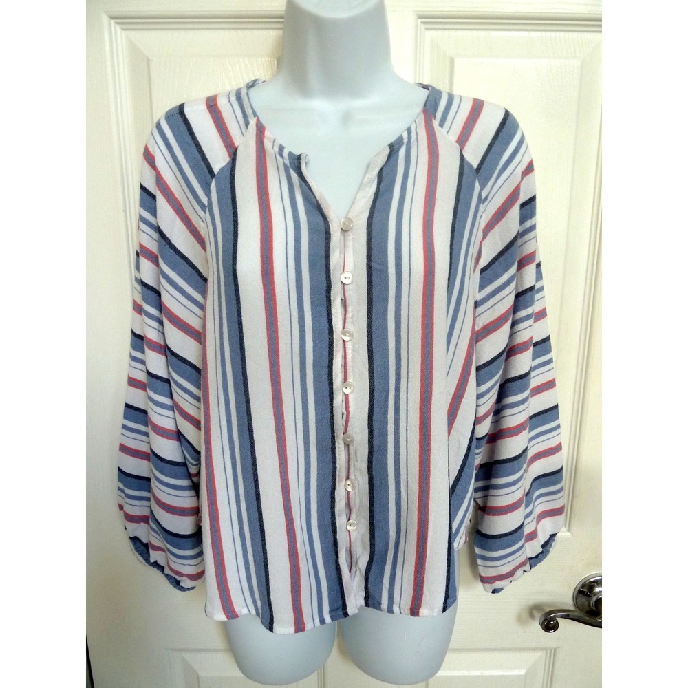 Chico's Size 1 Medium Striped Balloon Sleeve Cropped Blouse V-Neck Blue Red